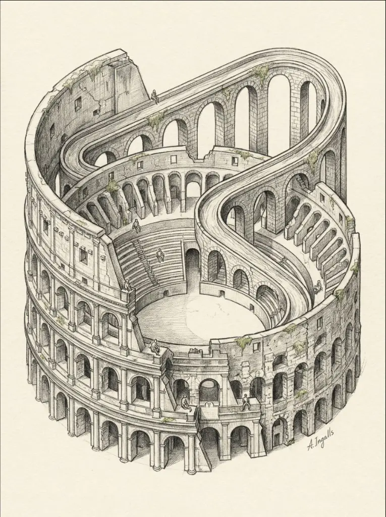 Architectural sketch of an impossible colosseum by Amy Ingalls
