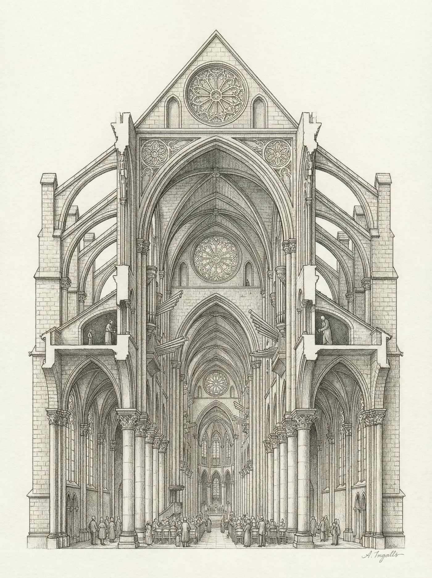 Graphite sketch of a Gothic cathedral with infinitely recursive arches by Amy Ingalls