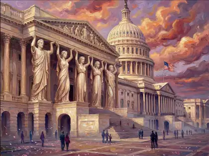 Capitol building with caryatid columns and cherry blossoms by Amy Ingalls