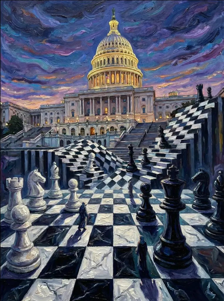 Capitol building with giant chess board and pieces by Amy Ingalls