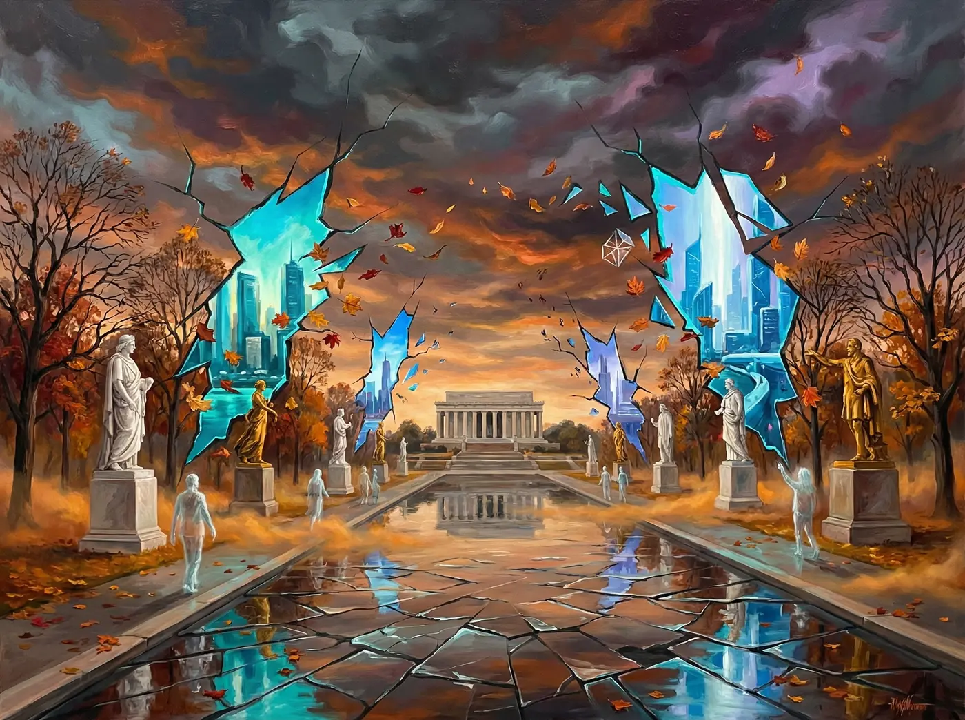 National Mall in autumn fracturing open to reveal a futuristic city by Amy Ingalls