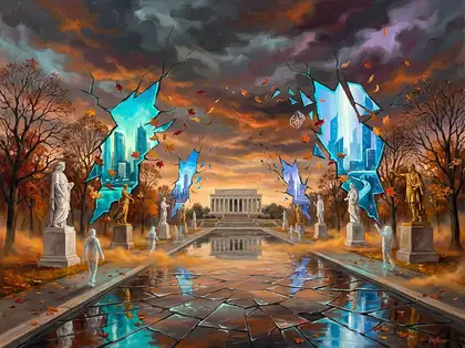 National Mall in autumn fracturing open to reveal a futuristic city by Amy Ingalls