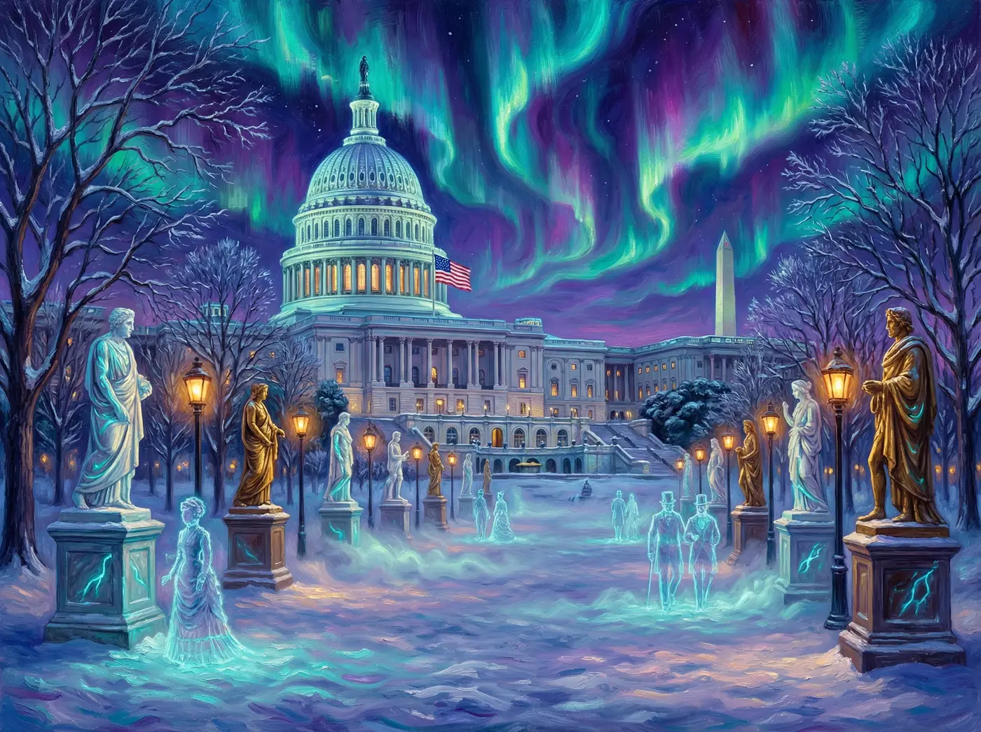 Capitol building beneath aurora borealis with ghostly figures by Amy Ingalls