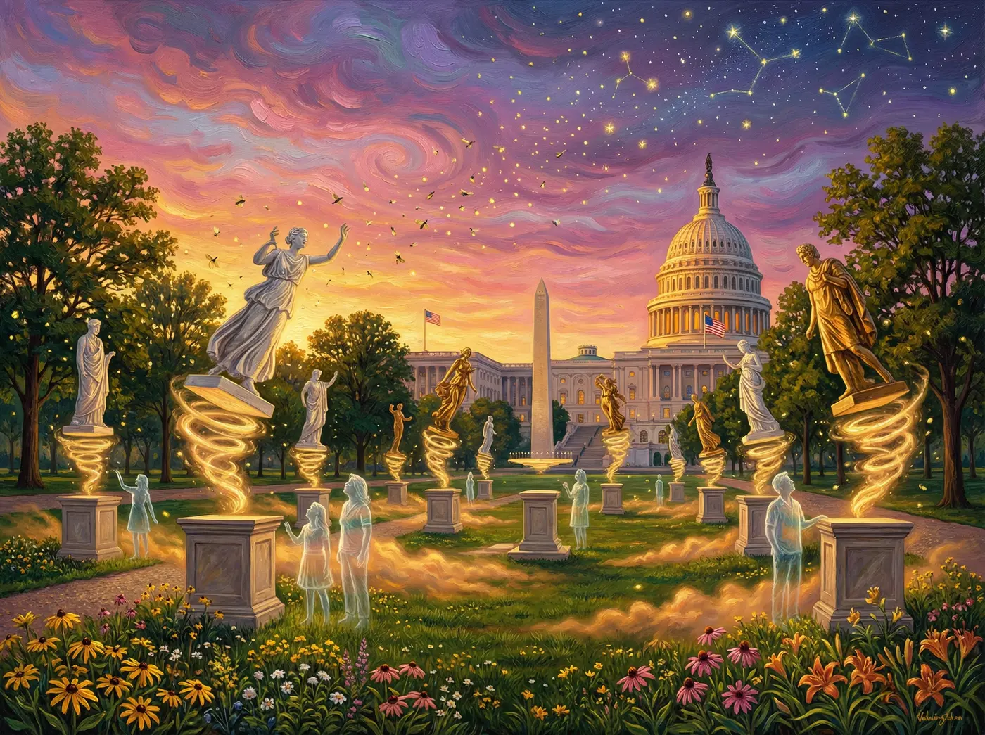 National Mall at summer solstice with ascending statues and constellations by Amy Ingalls