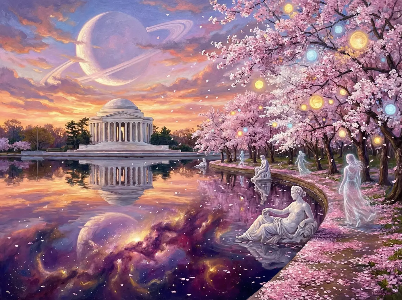 Jefferson Memorial at the Tidal Basin with cherry blossoms and ringed planet by Amy Ingalls