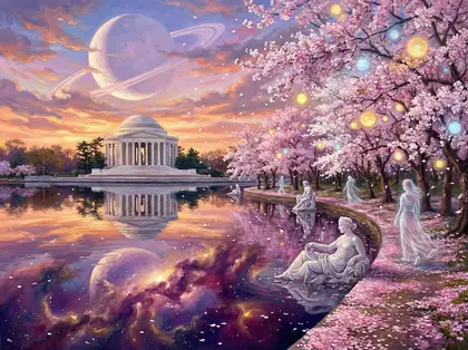 Jefferson Memorial at the Tidal Basin with cherry blossoms and ringed planet by Amy Ingalls