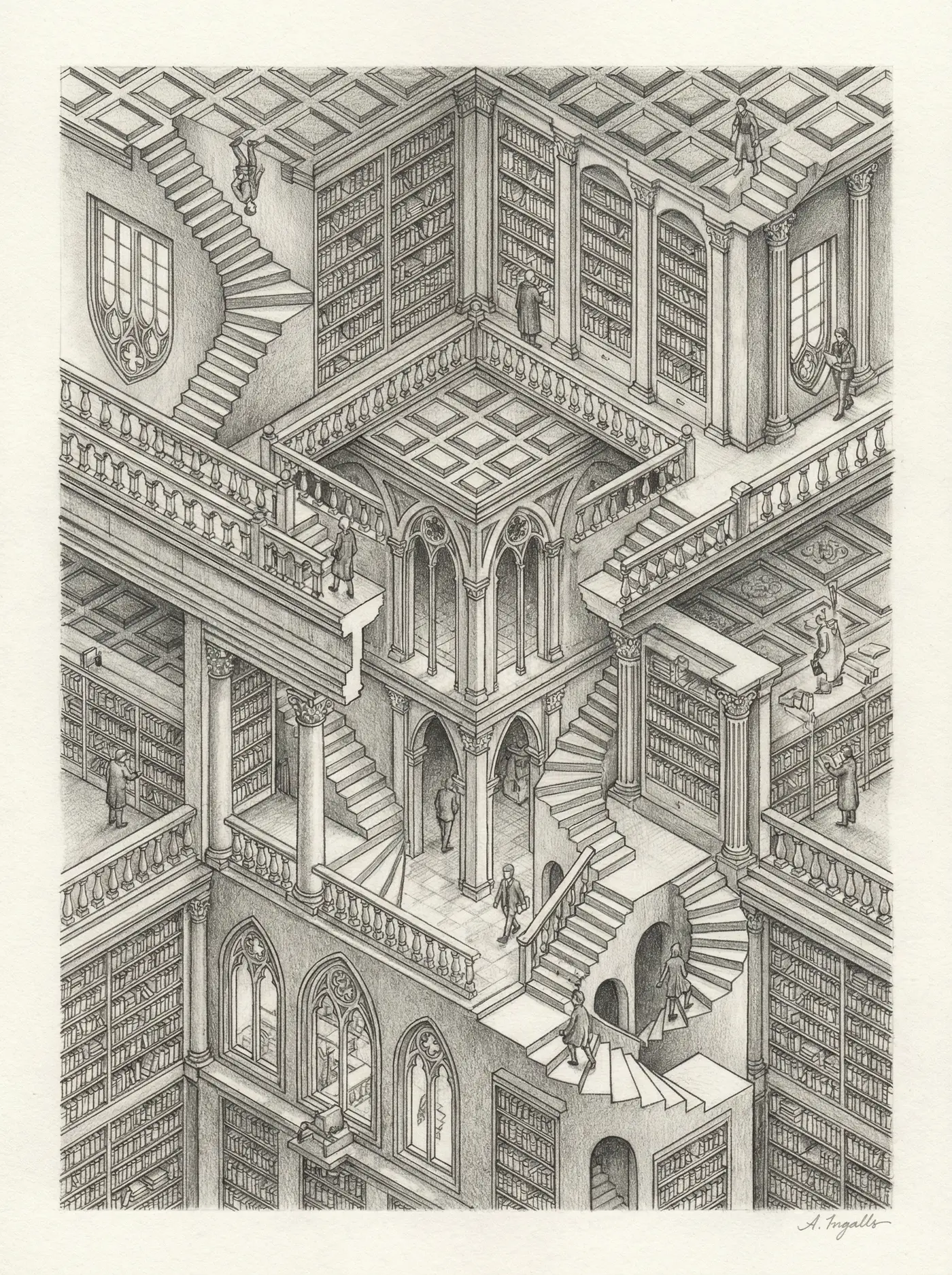 Graphite sketch of an infinite Escher-style library with impossible staircases by Amy Ingalls