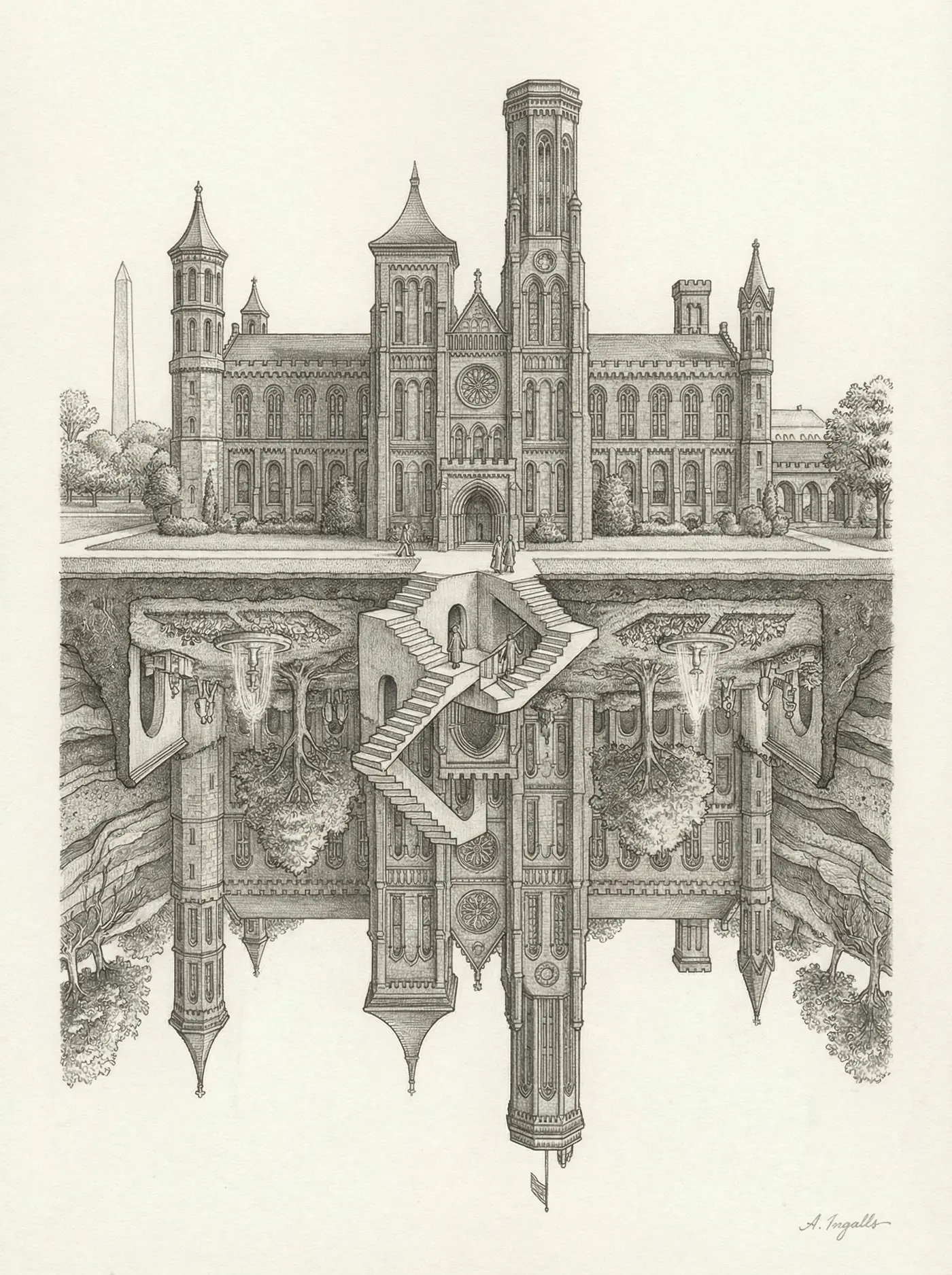 Graphite sketch of the Smithsonian Castle mirrored and inverted underground by Amy Ingalls